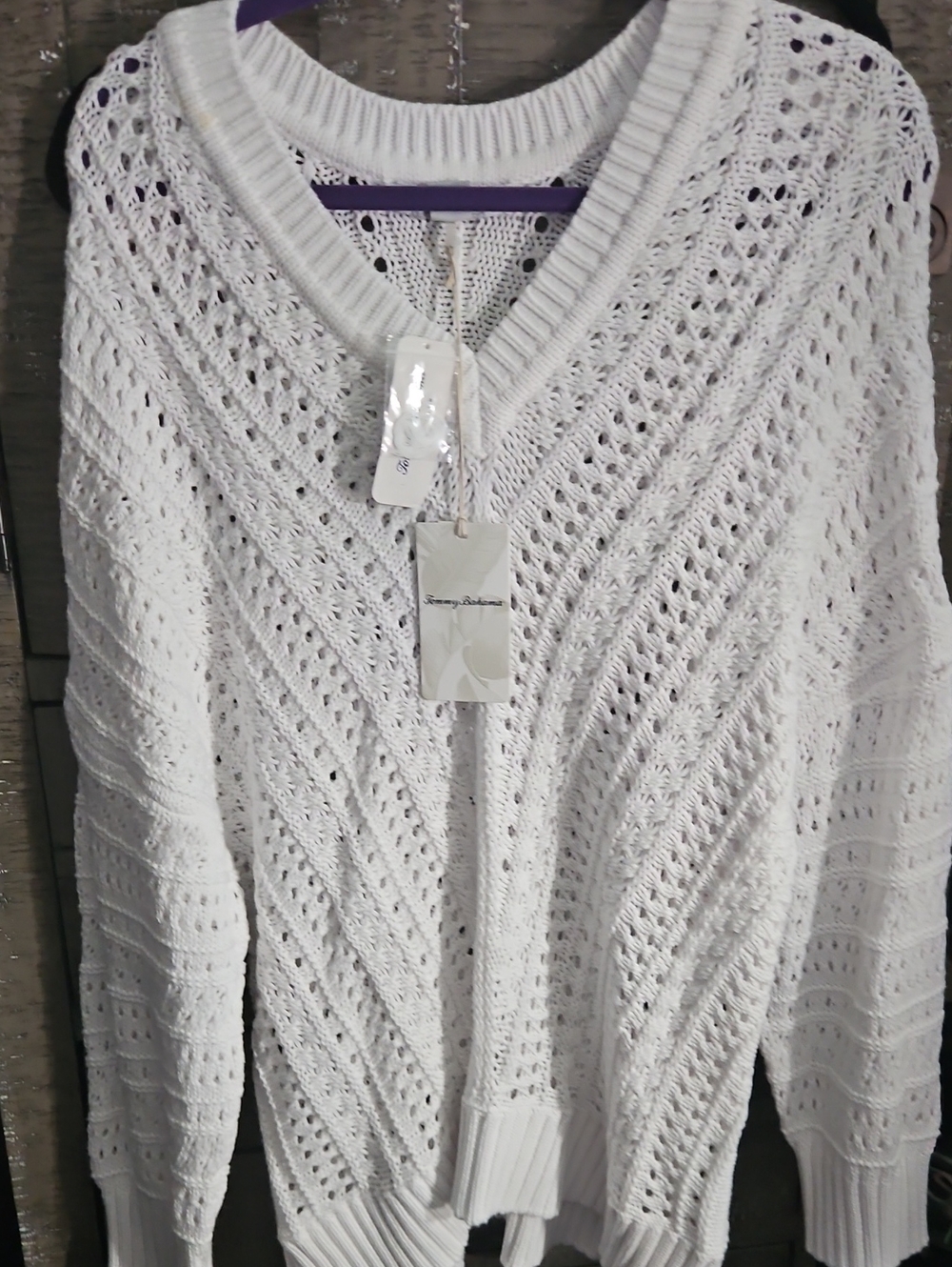 TOMMY BAHAMA Women's White Open-Knit V-Neck Sweater 100% COTTON